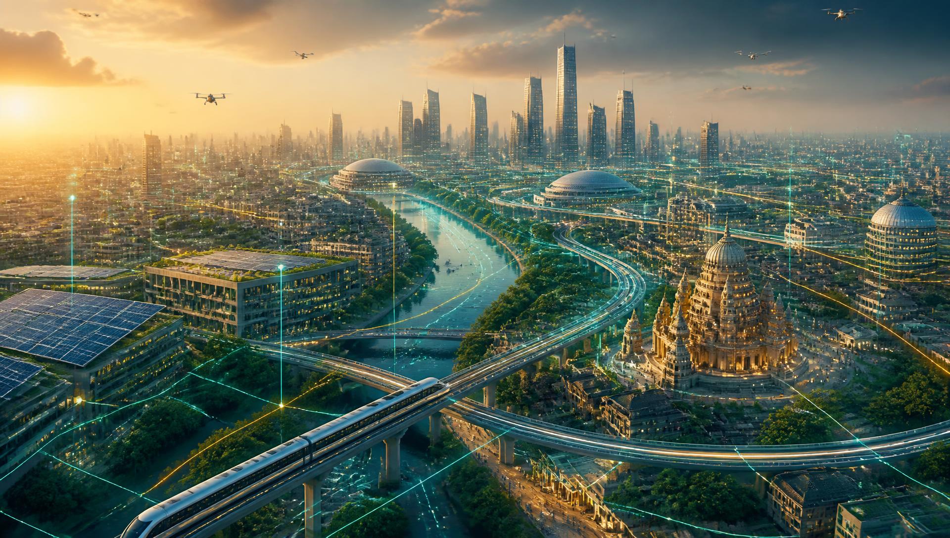 Aerial view of a connected Indian smart city at sunrise, showing integrated metro corridors, solar infrastructure, green corridors and flowing digital data layers linking buildings and services