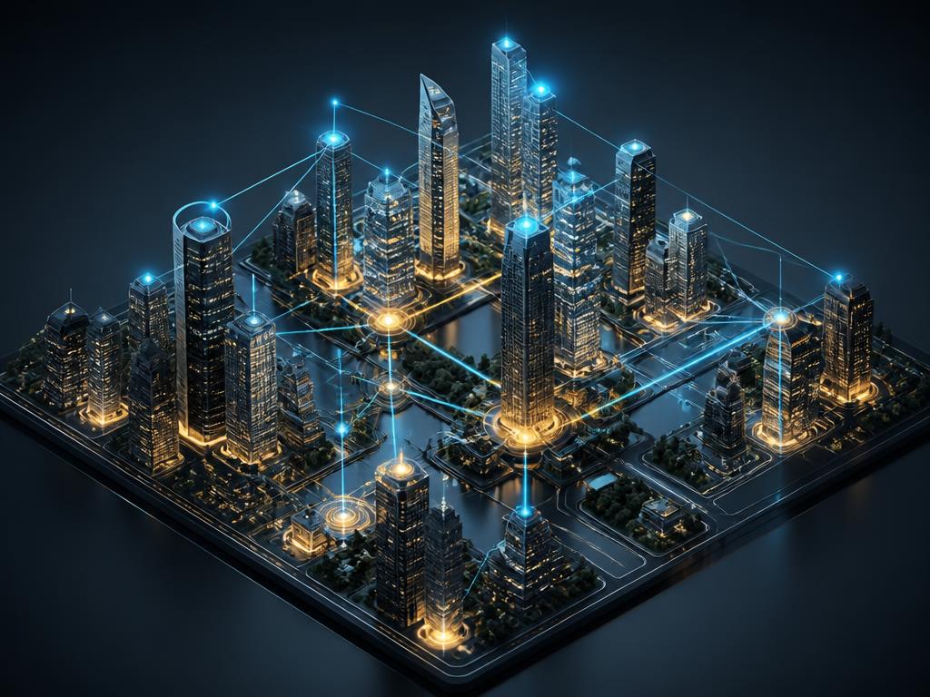 Isometric digital city model with glowing skyscrapers, network connections and data layers representing a connected urban platform