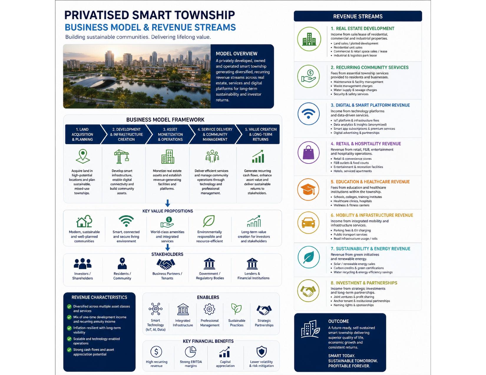 Privatised Smart Township business model diagram showing the five-stage framework from land acquisition to long-term returns, key value propositions, stakeholders, enablers, financial benefits and eight revenue stream families including real estate, community services, digital platforms, retail and hospitality, education and healthcare, mobility, sustainability and partnerships.